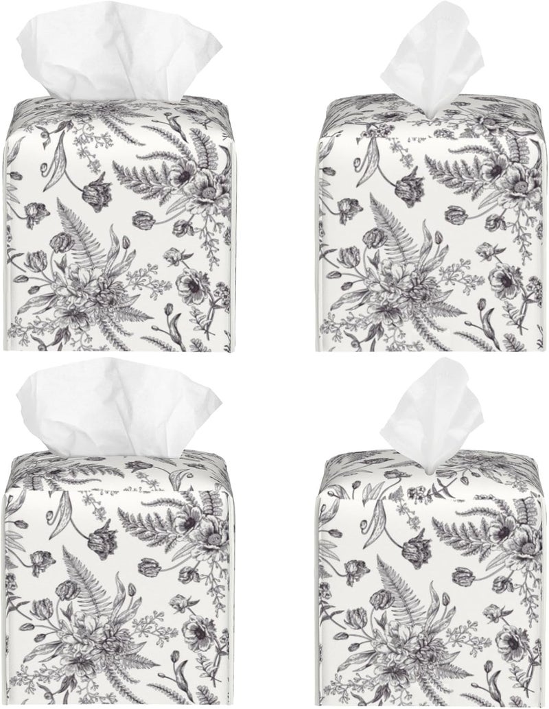 sndheke Black and White Flowers Tissue Box Cover Square,Vintage Floral Plant Leaves Tissue Box Holder Waterproof Leather Facial Paper Organizer Dispenser for Bathroom Home Car Nightstand Vanity Desk - Image 2